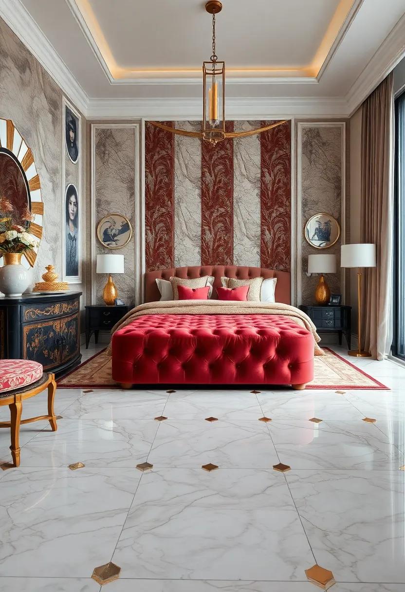 Velvet-Tufted Ottoman Combined with Glossy Marbled Floor Tiles and Subtle Brass Inlays for Gatsby Glamour