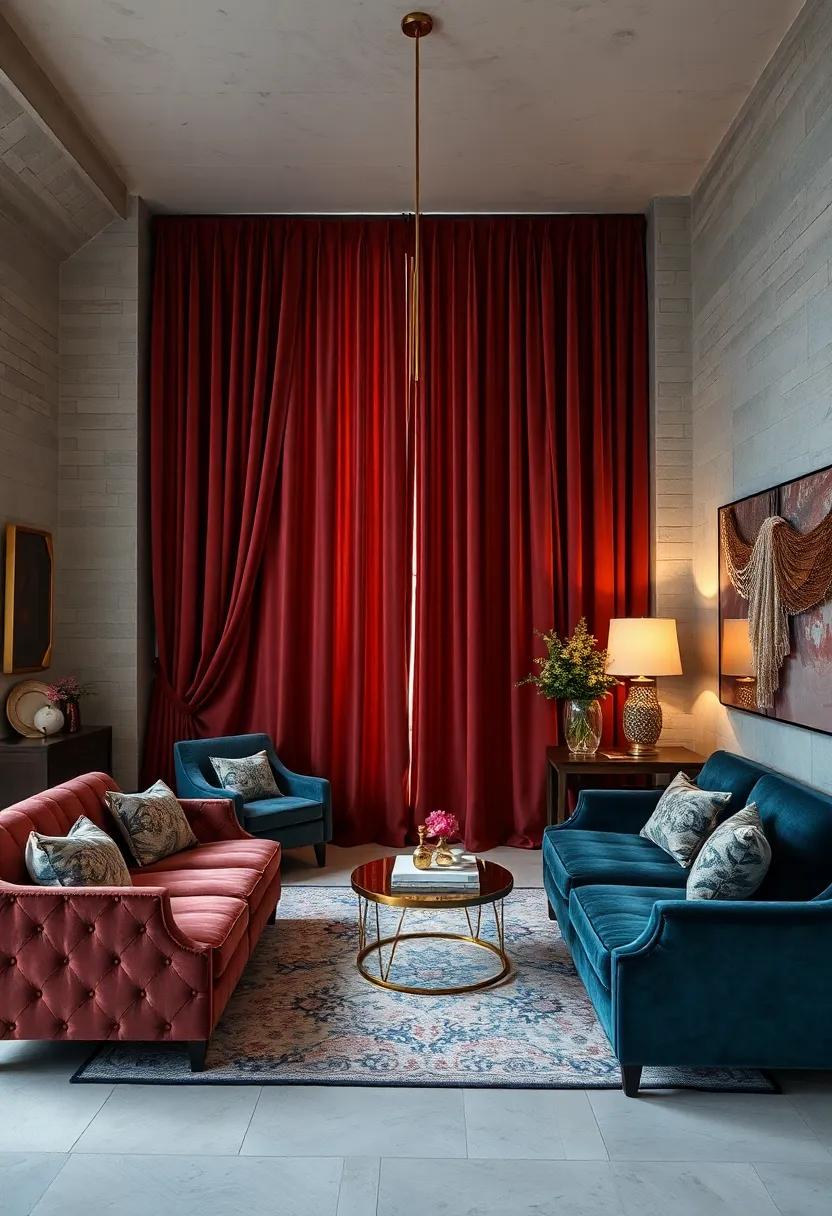 Floor-Length Velvet Curtains in Rich Jewel Tones Amphitheater a Classic Gatsby-Style Bedroom Boudoir