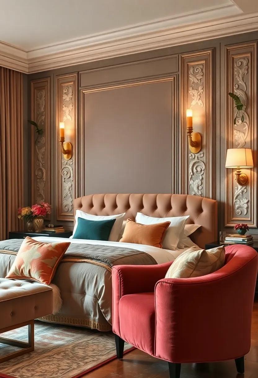 Velvet Wall Sconces with Diffused Lighting Highlighting Sculptural Art Deco Wall Moldings