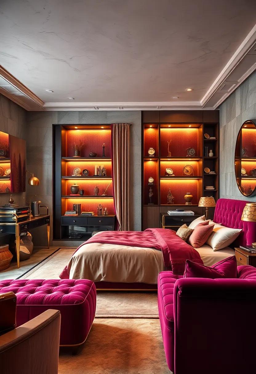 Gatsby-Era Velvet Pocket Watch Display on Shelves with Velvet Column Drapes and Soft Warm Illumination