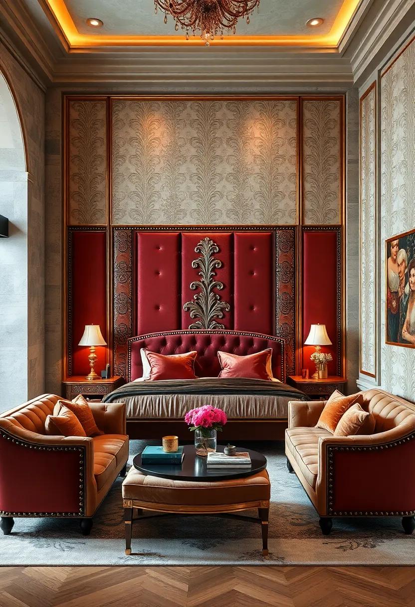 Velvet Wall Panels Featuring Damask Patterns Enhanced with Decorative Brass Nailhead Trim and Gatsby Flourishes