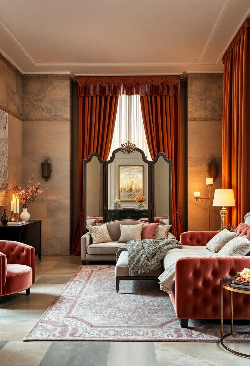 Mirrored Dressing Screen Draped with Velvet Fringe Curtains Against a Backdrop of Soft, Warm Candlelight