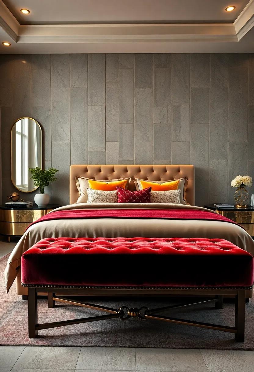 Velvet Cushioned Bench at the Foot of a Sleek Art Deco Bed Surrounded by Sculptural Metal Accents