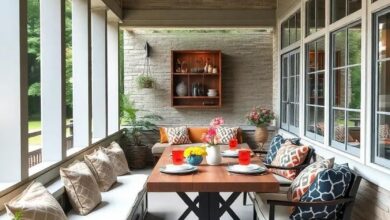 Cozy Screened Porch Dining: Stylish Meals with Built-In Bench Seating