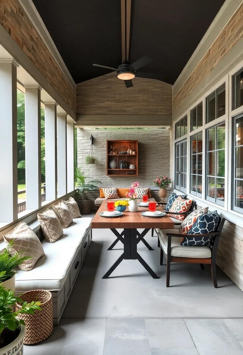 Cozy Screened Porch Dining: Stylish Meals with Built-In Bench Seating