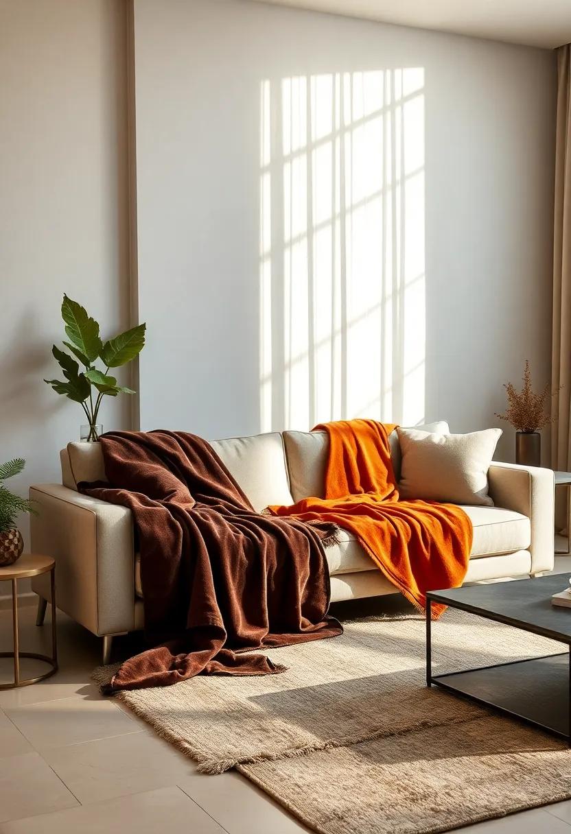 Luxurious Velvet Throws Draped Over a Minimalist Sofa in a Sunlit Apartment Living Room