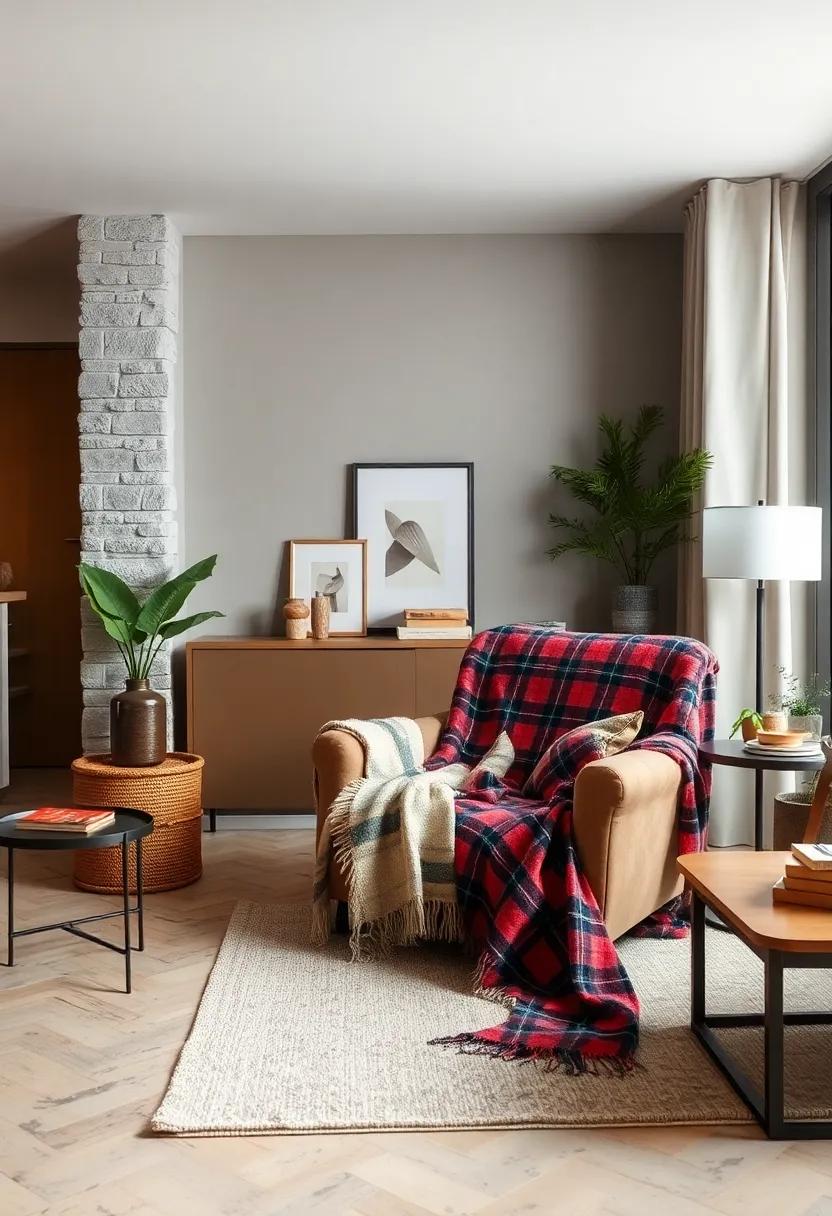 Plaid Flannel Throws Spread Over a Statement Armchair in a Cozy Apartment Corner