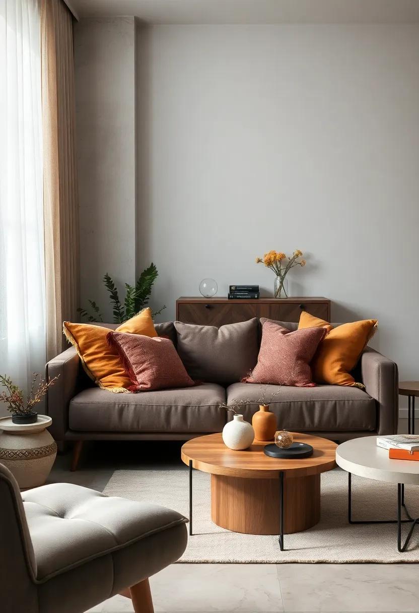 Plush Cushions in Earthy Tones Arranged Artfully on a Compact Modern Couch