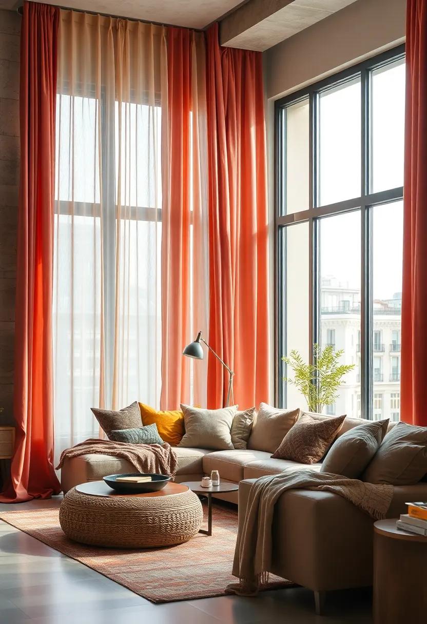 Richly Colored Silk Curtains Fluttering Gently Against a Large Apartment Window