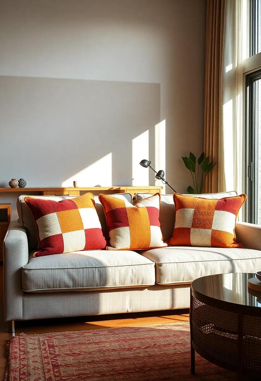 Earth Tone Patchwork Pillows Centered on a Neutral Sofa With Sunlight Streaming In