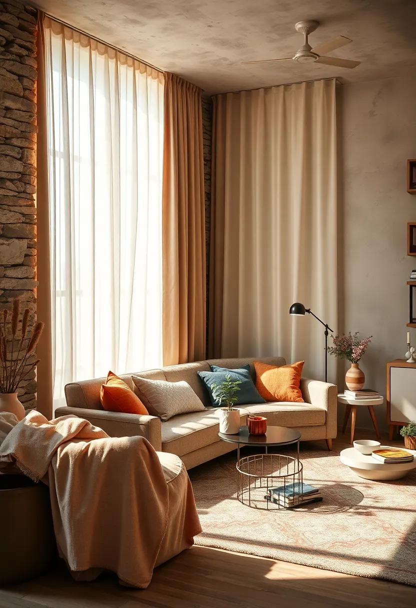 Soft Sheer Draperies Letting in Warm Light Over a Vintage Style Sofa Setting