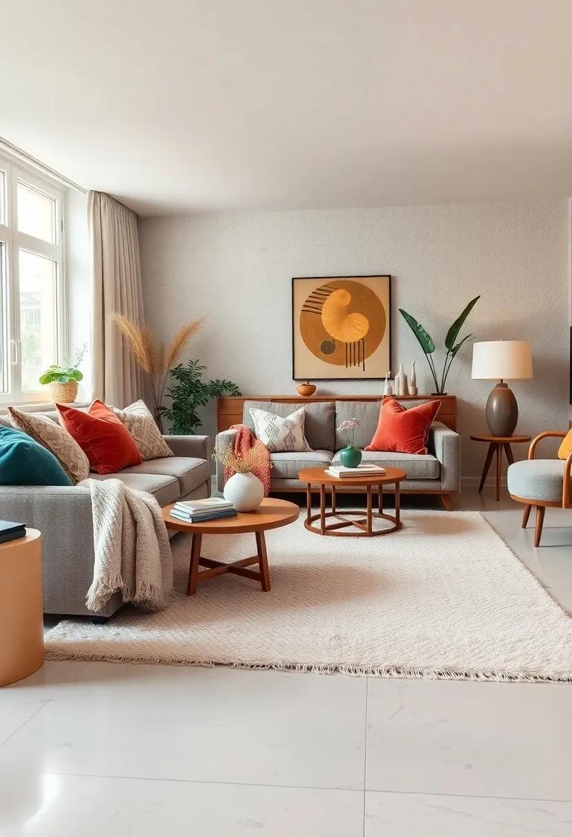 Crisp White Cotton Rugs Layered Over Natural Fiber Carpeting in a Boho-Chic Apartment Style