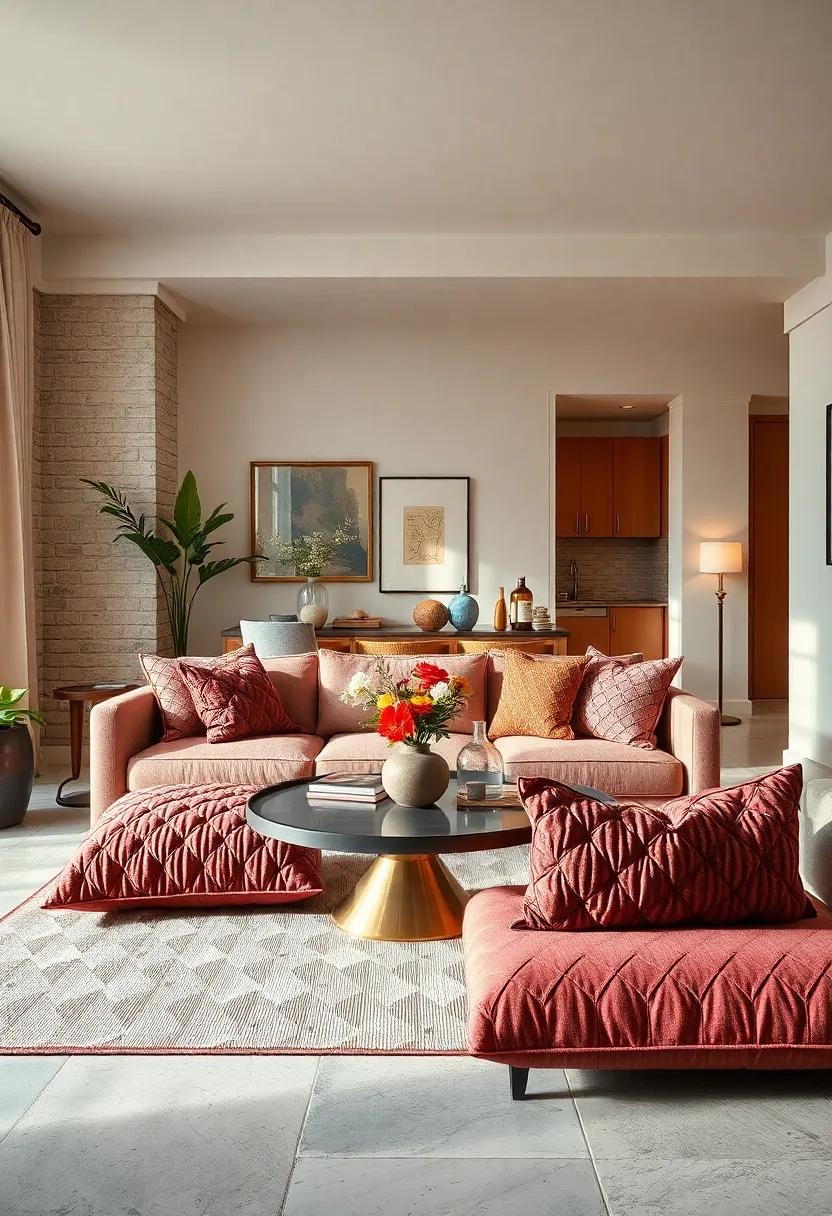 Quilted Velvet Seat Cushions Placed Around a Modern Coffee Table in a Warm, Inviting Room