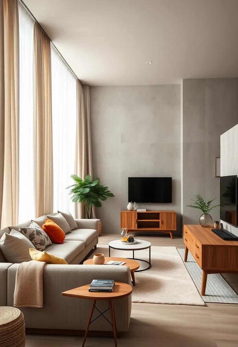 Textured Linen Drapes Complementing Neutral Walls and Wooden Apartment Furniture