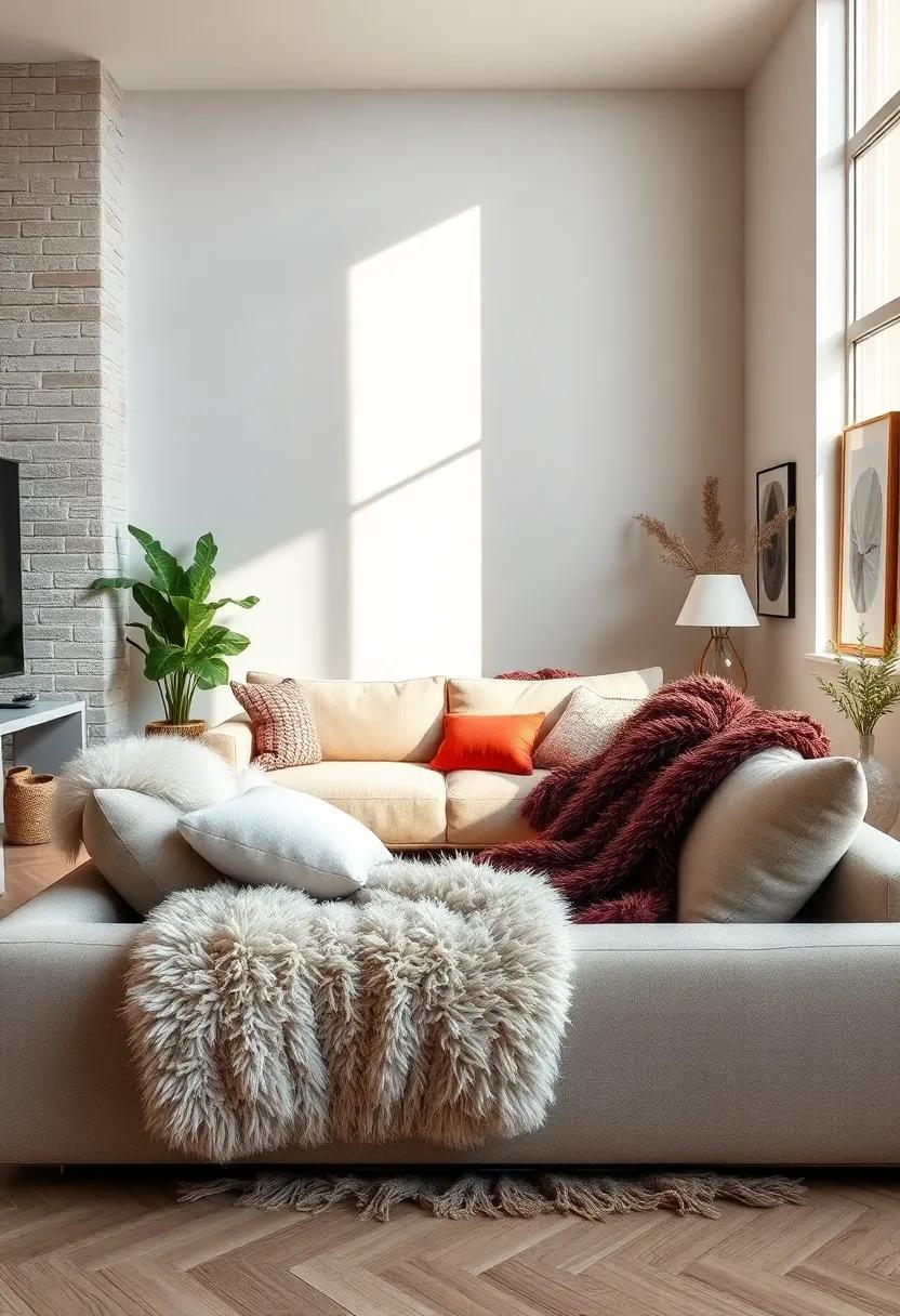Fuzzy Alpaca Throws Layered Over a Minimal Sofa in a Sunlit Urban Living Room