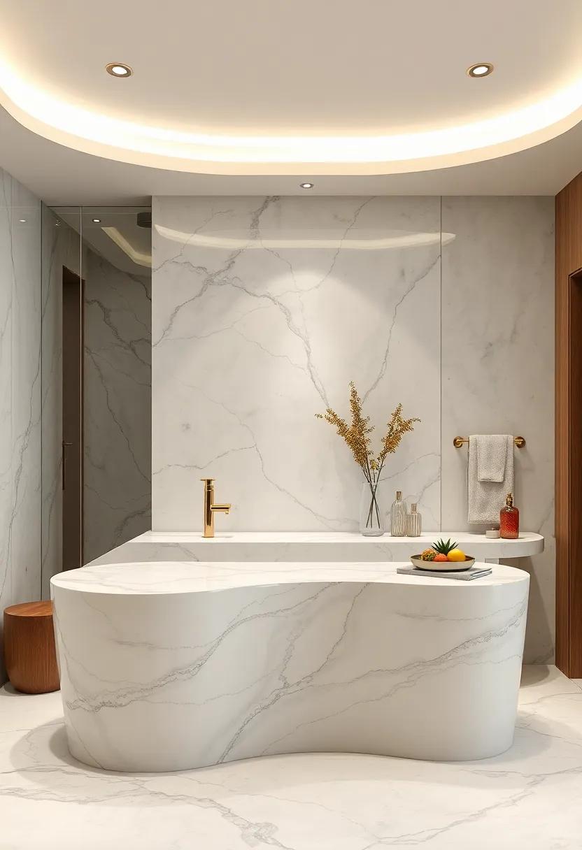 Curved Marble Counter Designs Integrating Fluid Lines That Complement Organic Bathroom Shapes