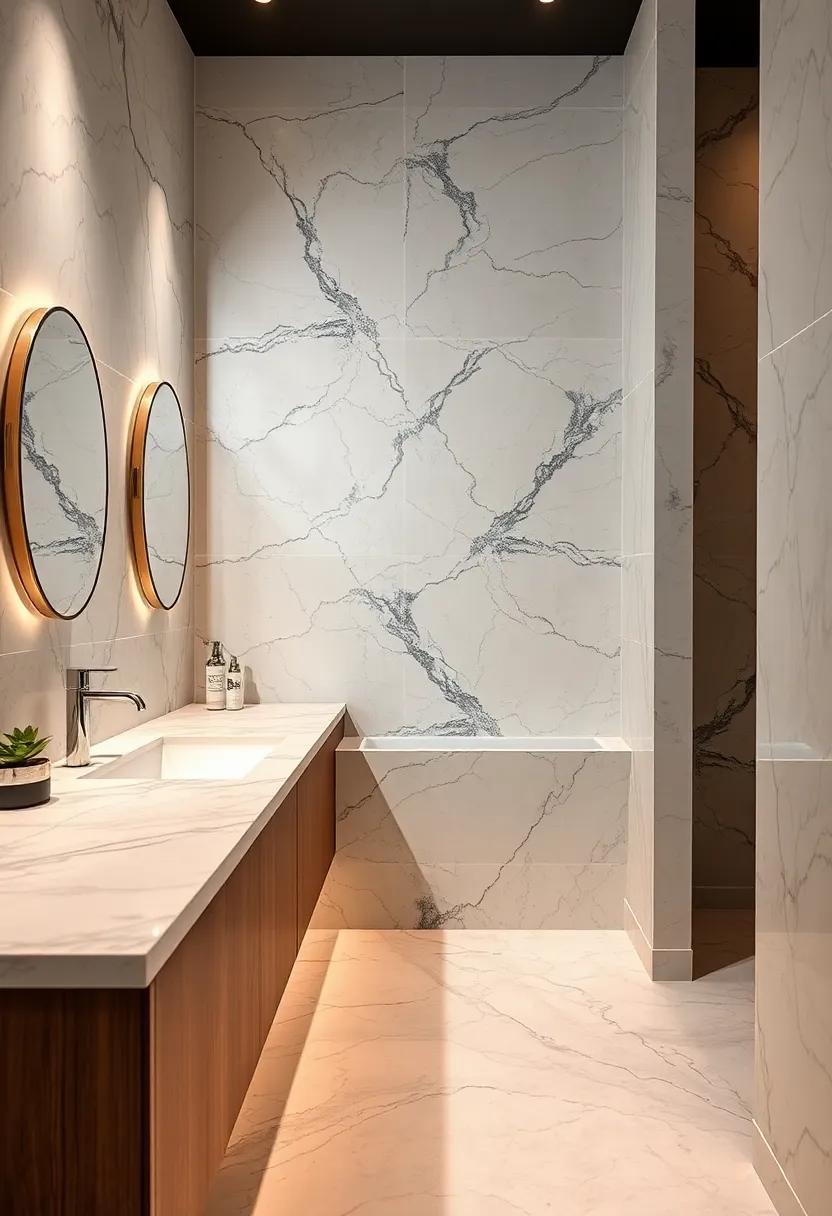 Glossy Marble Countertops Reflected By Elegant Chrome Fixtures To Amplify Bathroom Brightness