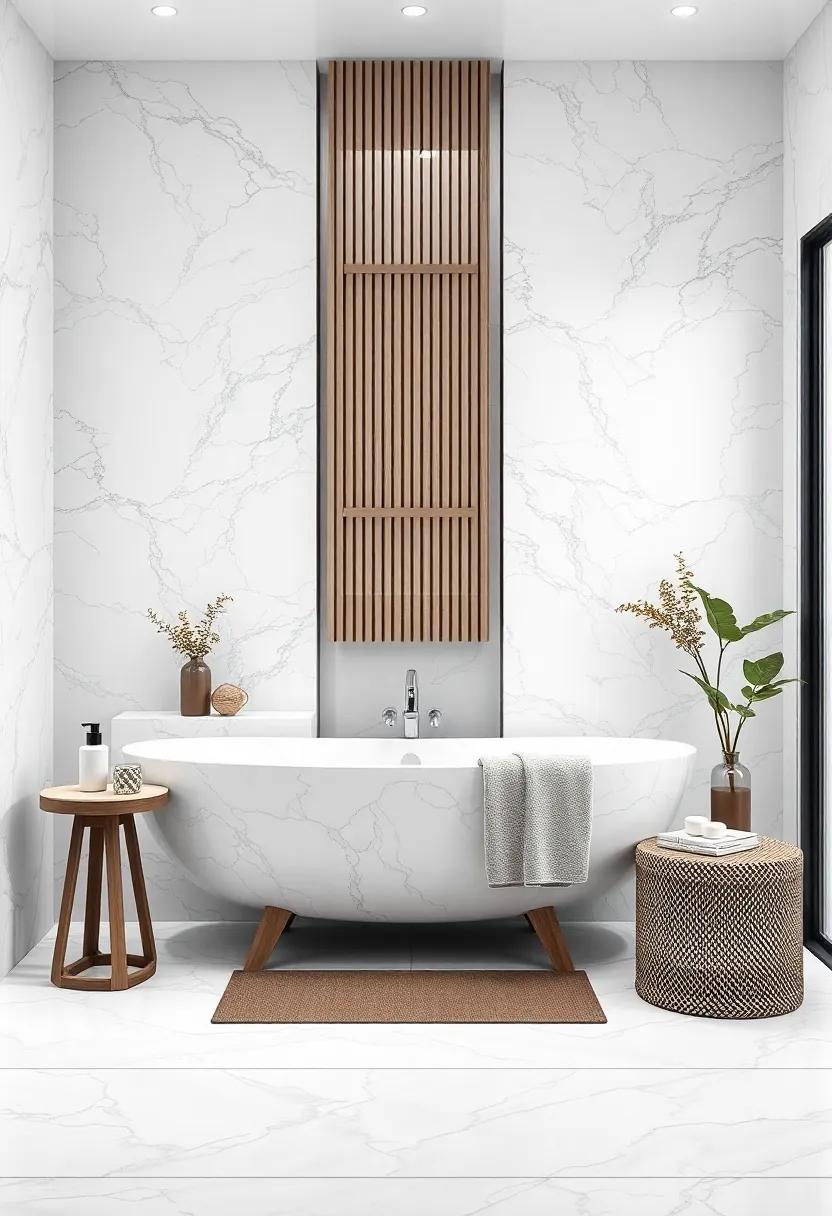 Monochromatic Bathroom Decor Enhanced By White Marble Surfaces For A Clean, Cohesive Look