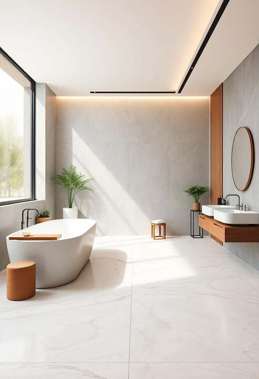 Serene Bathroom Floors Featuring Large-Scale Marble Tiles In Soft Neutral Hues For A Spa-Like Atmosphere