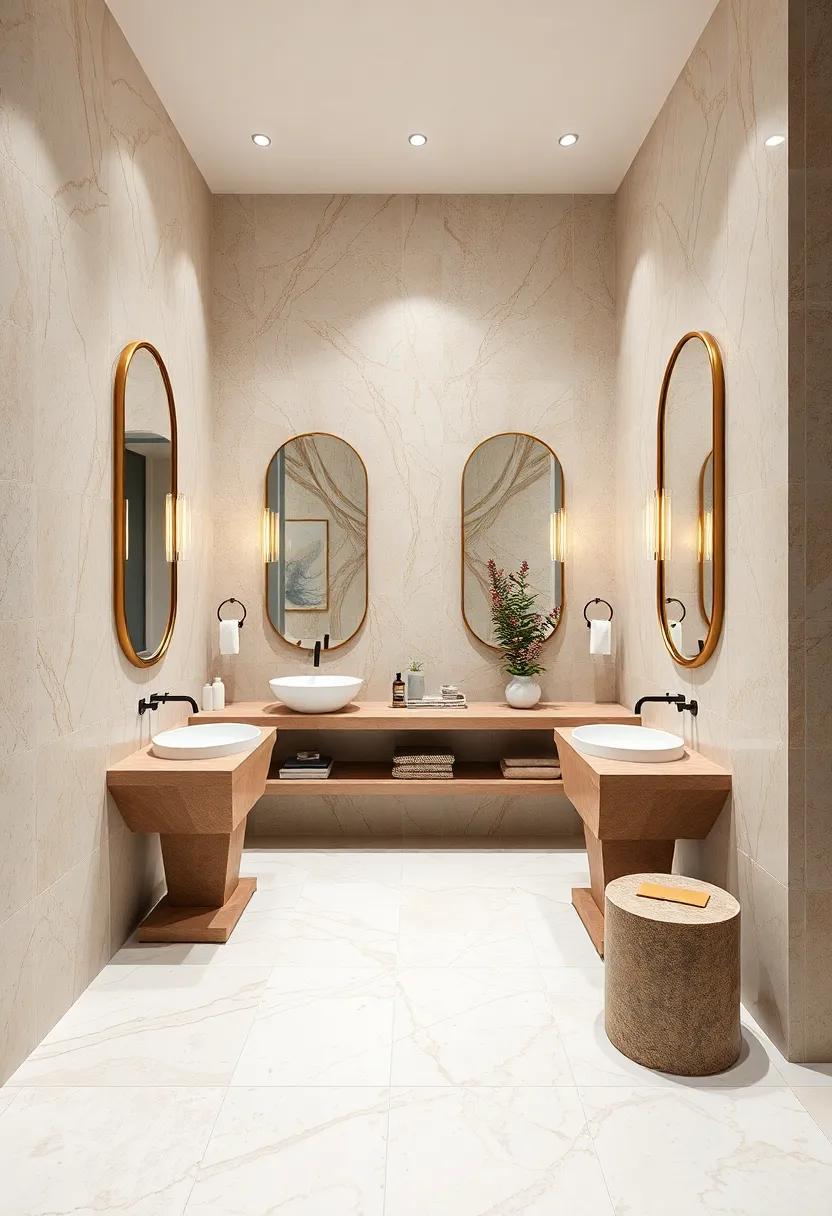 Warm-Toned Marble Mosaics Framing Mirrors To Add A Subtle Touch Of Glamour And Artisanal Craft