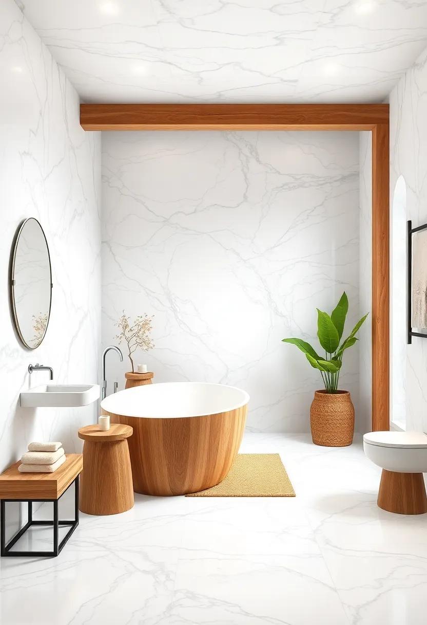 White Marble Paired With Warm Wood Accents Creating A Perfect Balance Between Modern And Rustic