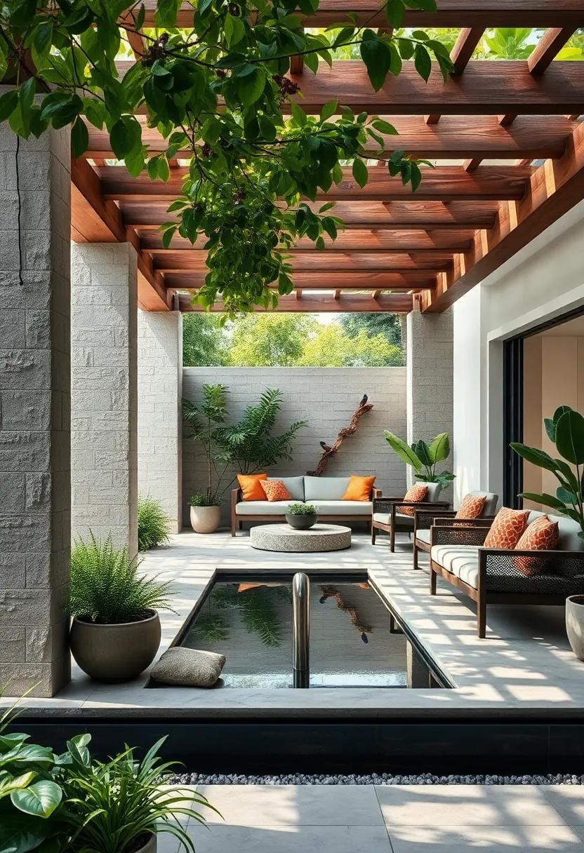 Birds Nestled Amongst Leaves on a Pergola Trellis Framing a Quiet, Reflective Water Feature