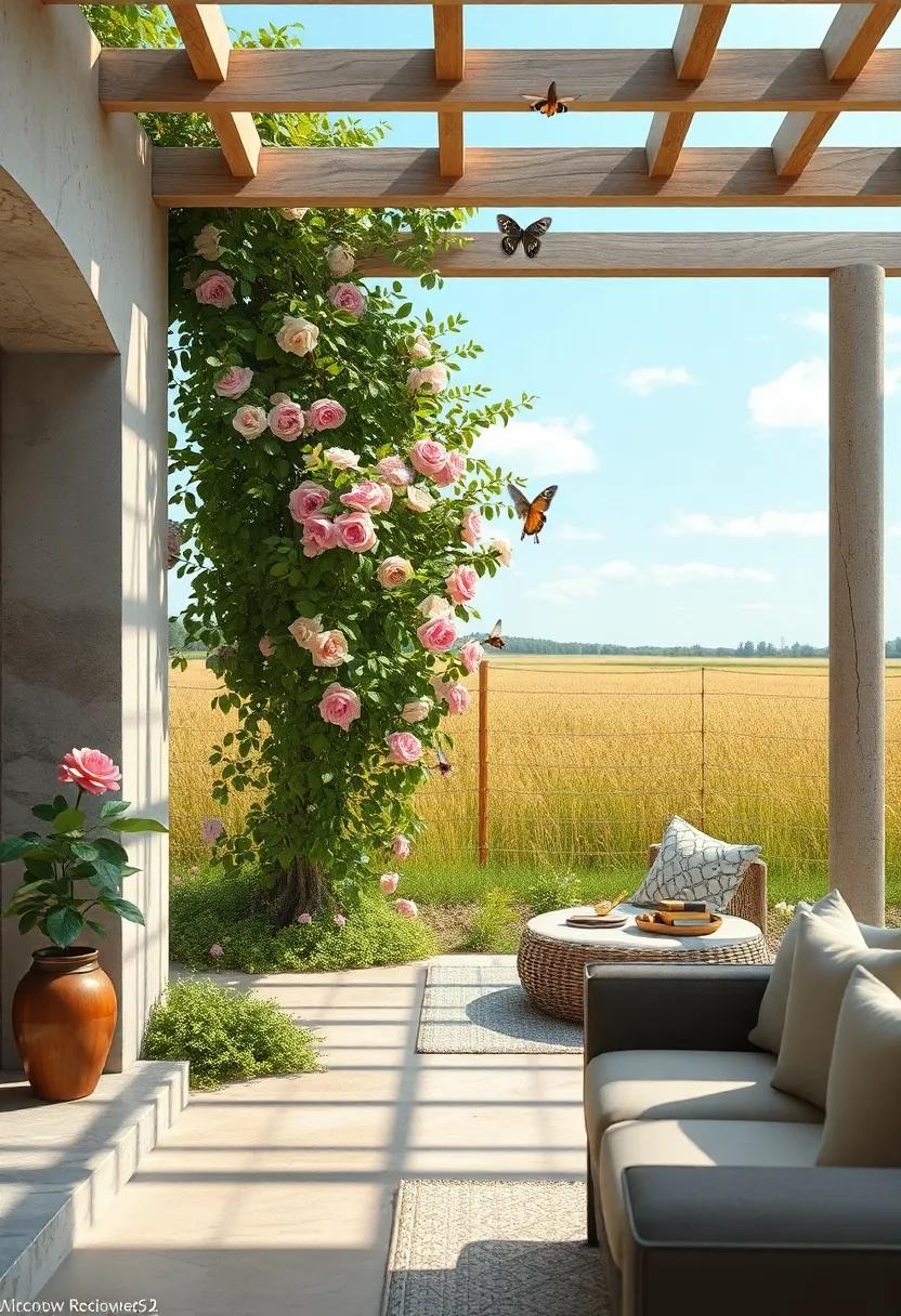 Butterflies and Bees Hovering Near a Pergola Clad in Climbing Roses Within a Serene Meadow