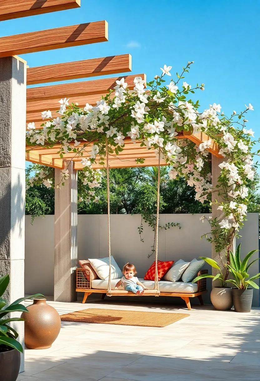 A Child's Swing Hanging from a Pergola Enveloped in Fragrant Jasmine Flowers Under a Blue Sky