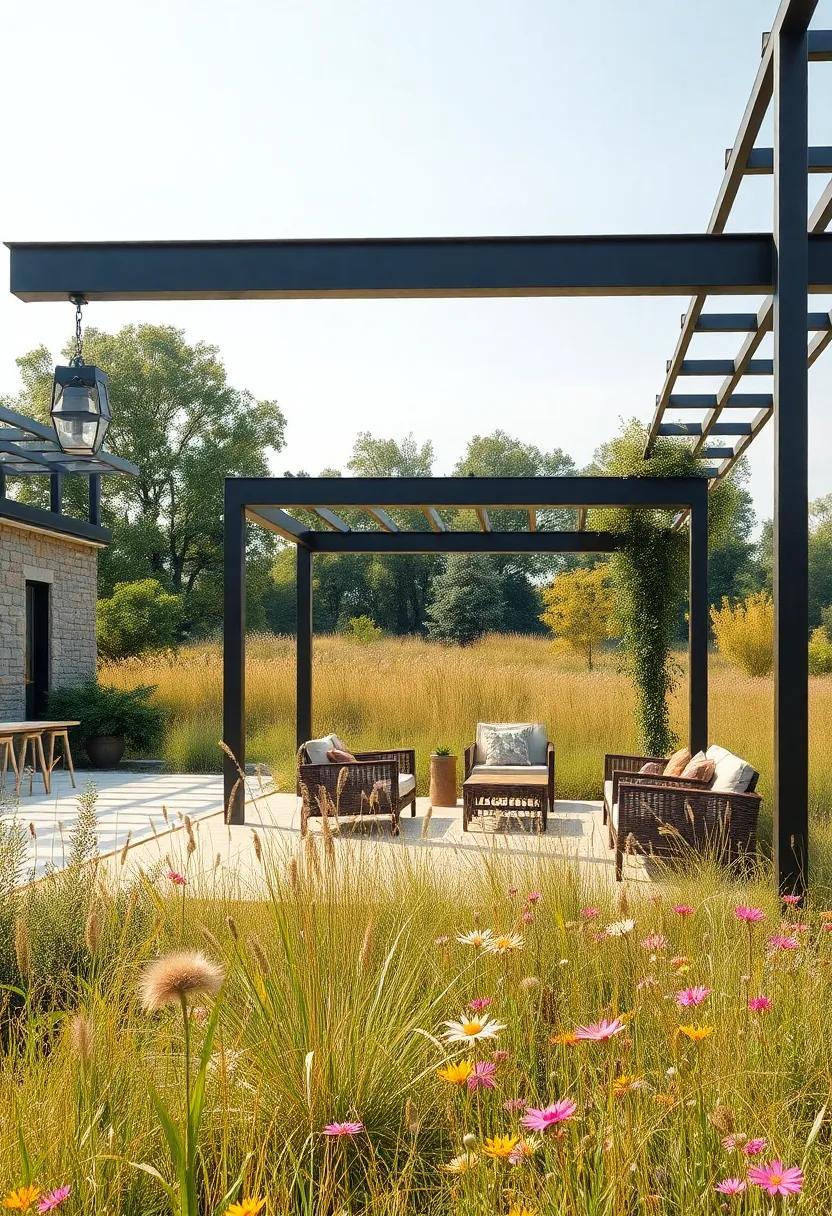 The Contrast of Sleek Metal Pergola Structures Against a Wild Meadow of Native Grasses and Wildflowers