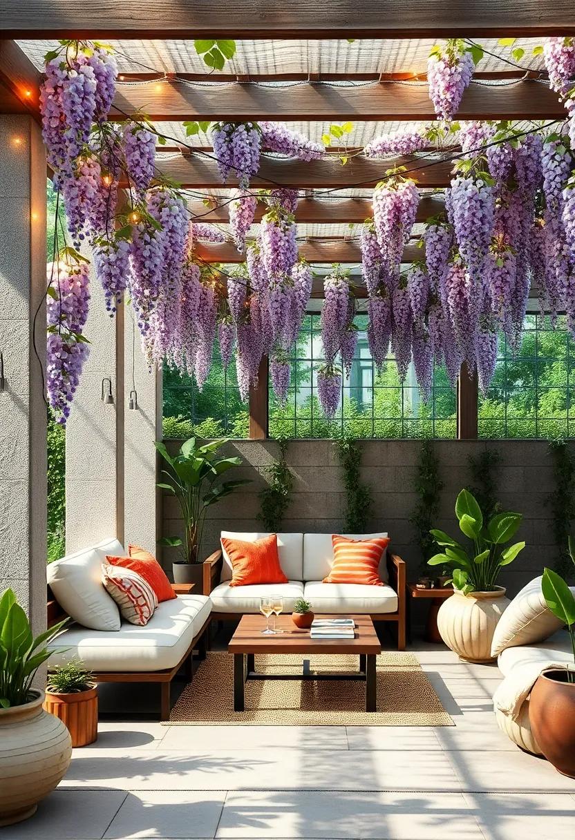 A Cozy Reading Nook Under a Pergola Wrapped with Blooming Wisteria and Twinkling Fairy Lights