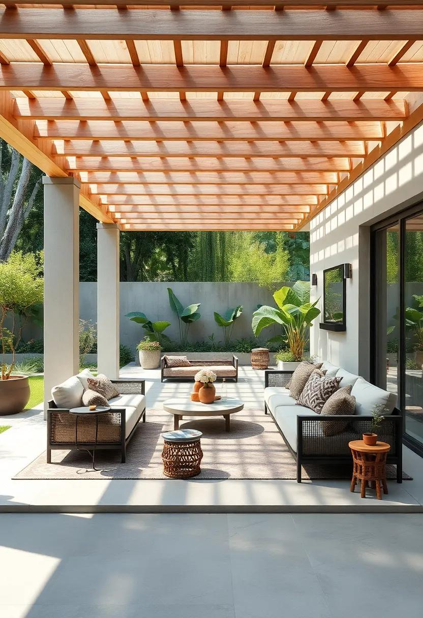 Embracing the Gentle Dance of Light and Shadow Through Wooden Pergola Slats in a Lush Garden Setting
