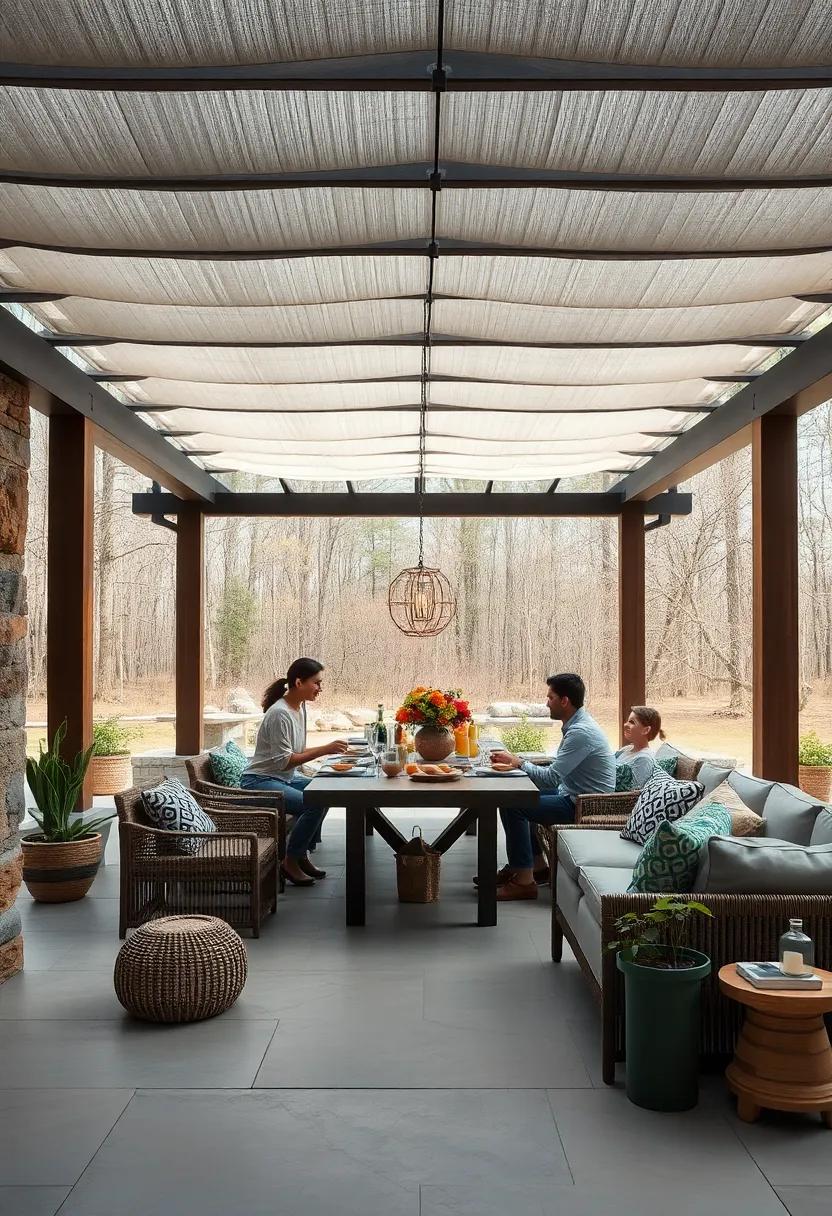 A Family Gathering Around a Pergola-Draped Table Set in an Expansive, Natural Woodland Clearing