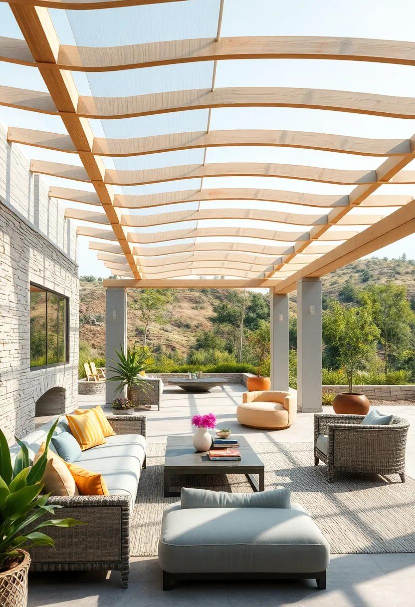 The Harmony of Curved Pergola Beams Echoing the Organic Shapes of Nearby Rolling Hills and Trees