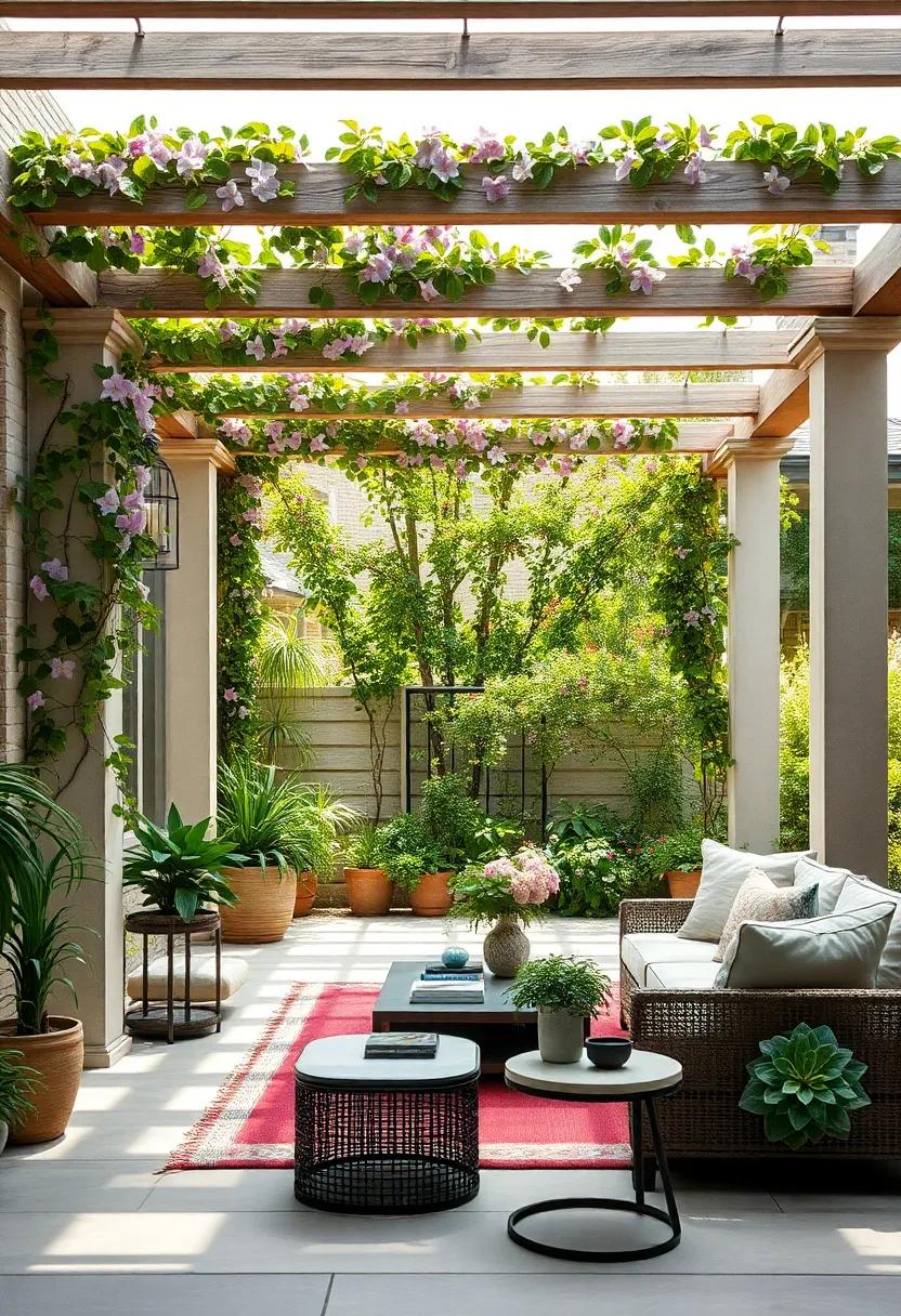 Interwoven Vines of Clematis Creating a Living Curtain Around an Inviting Pergola Space in Early Spring