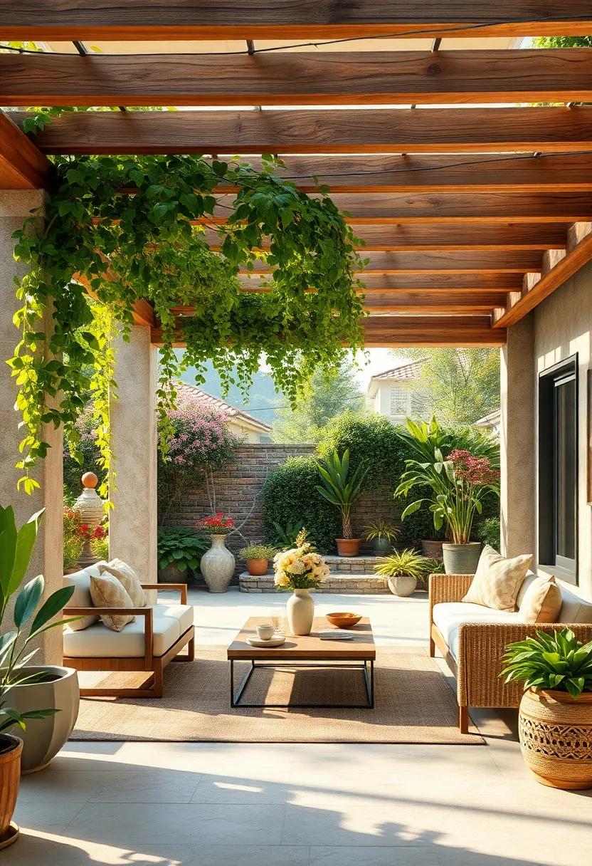 Morning Dew on Delicate Ivy Leaves Draping Over an Open Pergola in a Flower-Filled Backyard