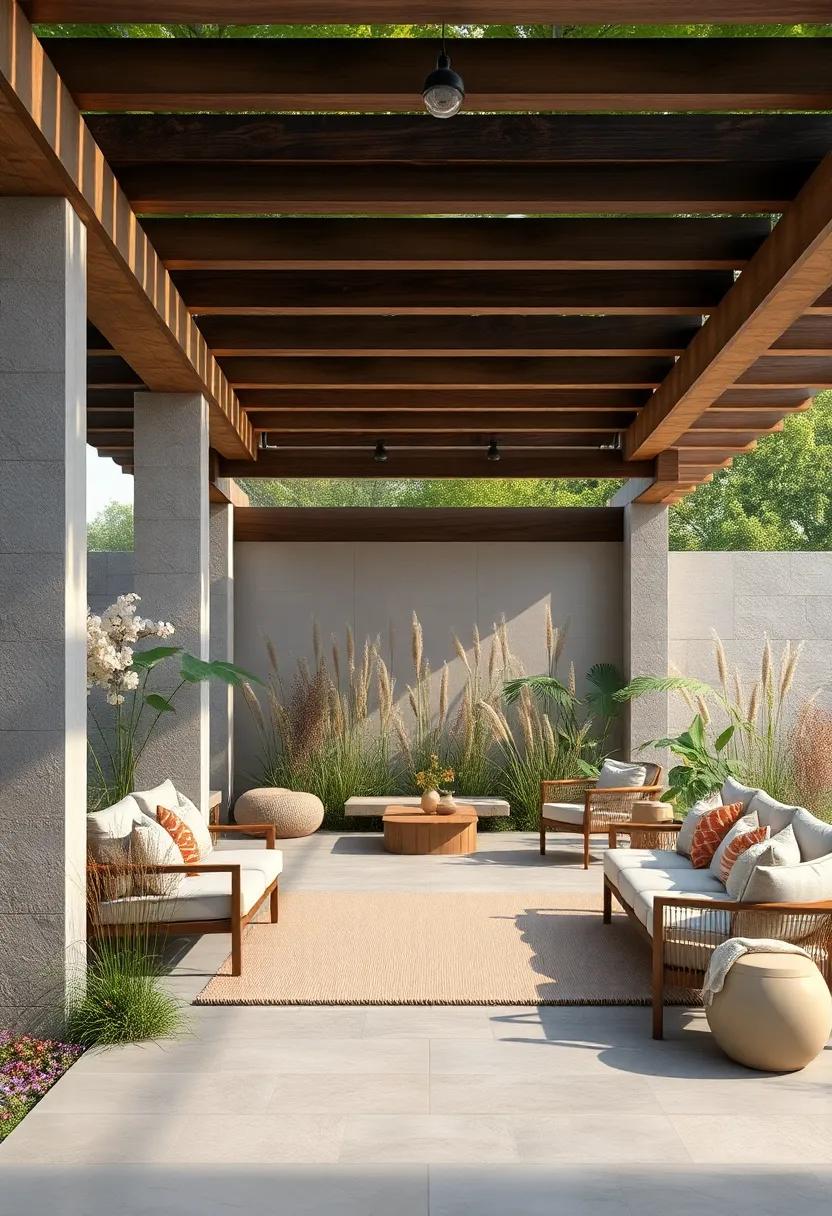 A Quiet Meditation Spot Nestled Within a Pergola Shrouded by Tall, Wispy Prairie Grasses and Wildflowers