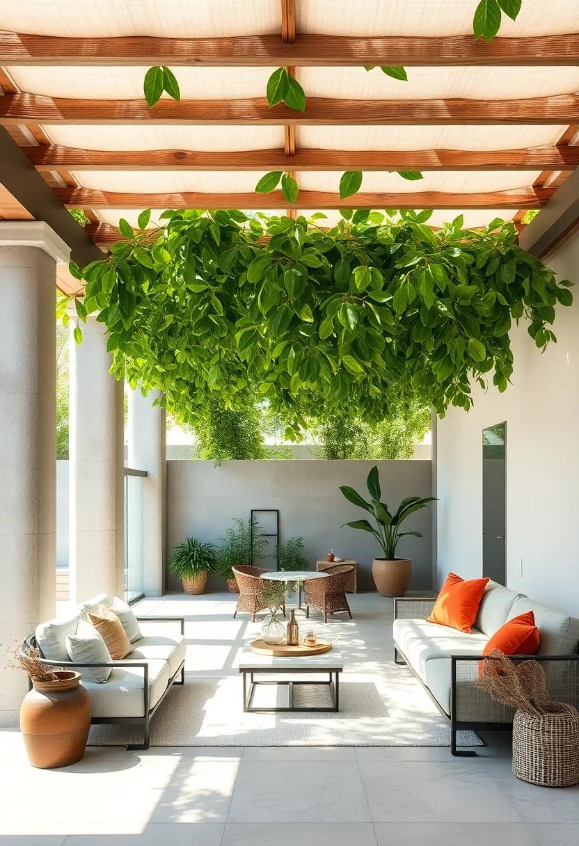 Rain-Kissed Leaves Forming a Natural Ceiling Over Sun-Soaked Spaces Beneath a Pergola