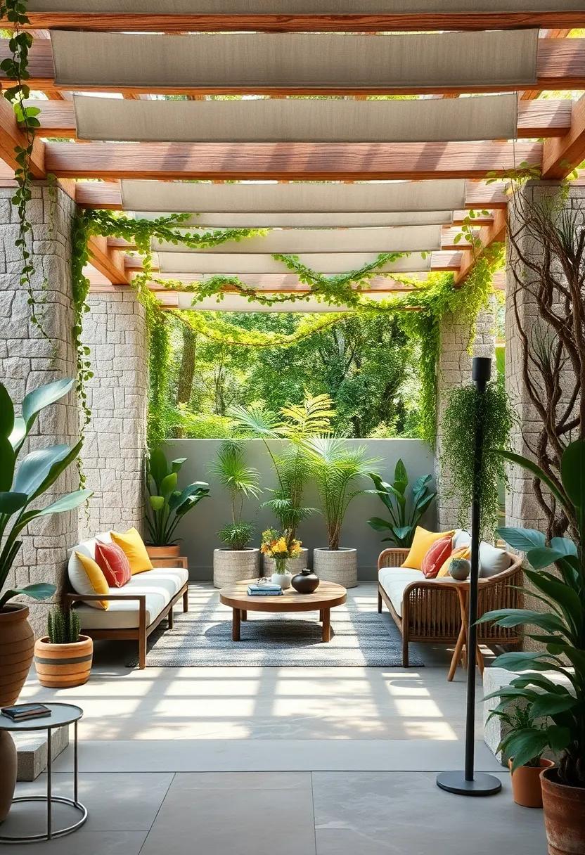 A Serene Oasis of Ferns and Vines Winding Gracefully Around a Rustic Stone Pergola Frame