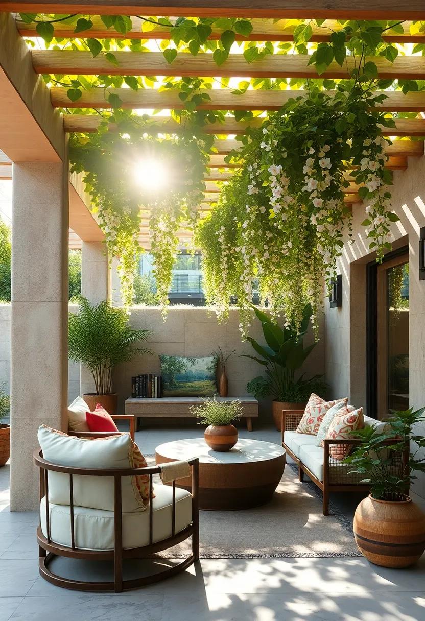 Sunlight Piercing Through the Leaves of a Pergola Covered in Cascading Morning Glories