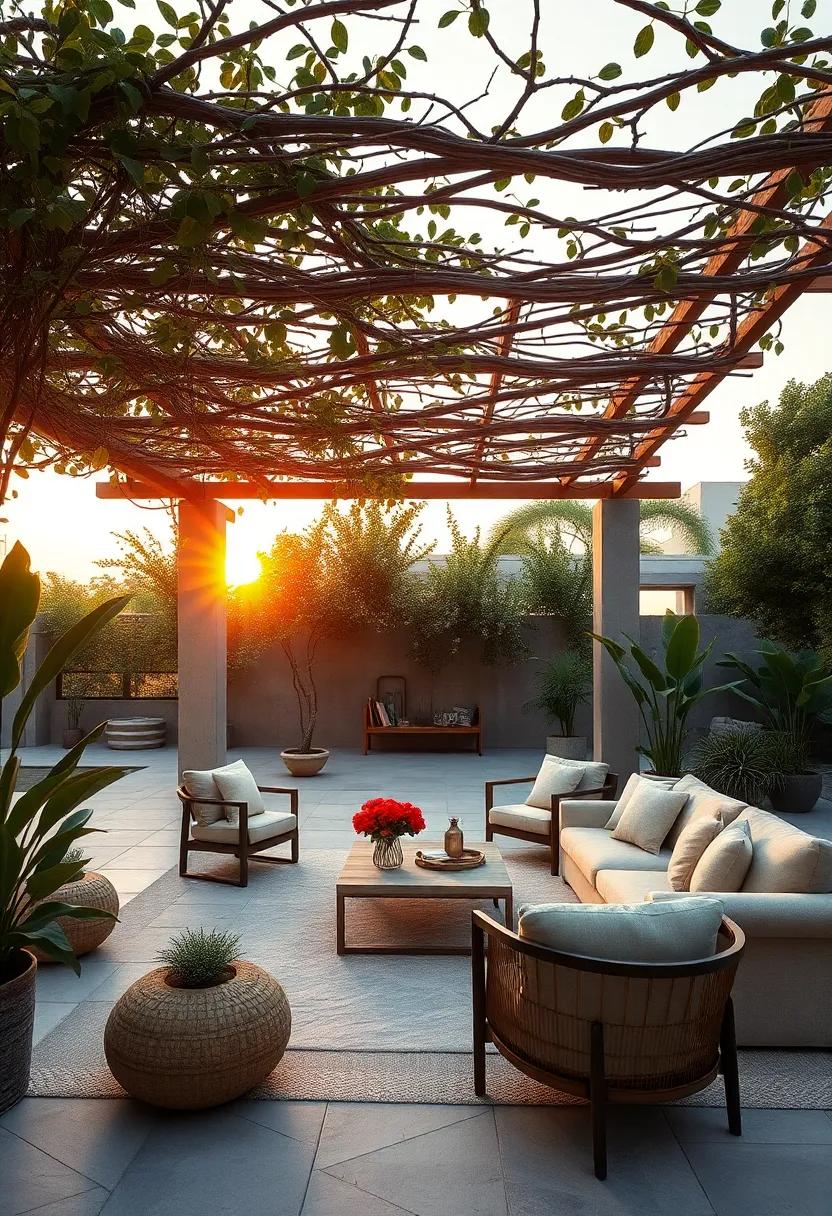 Sunset Glow Filtering Softly Through a Pergola Roof Crafted from Intertwined Branches and Leaves