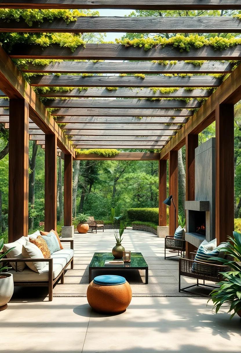 The Texture of Weathered Wood and Moss Covering a Timeless Pergola Forgotten in a Verdant Forest