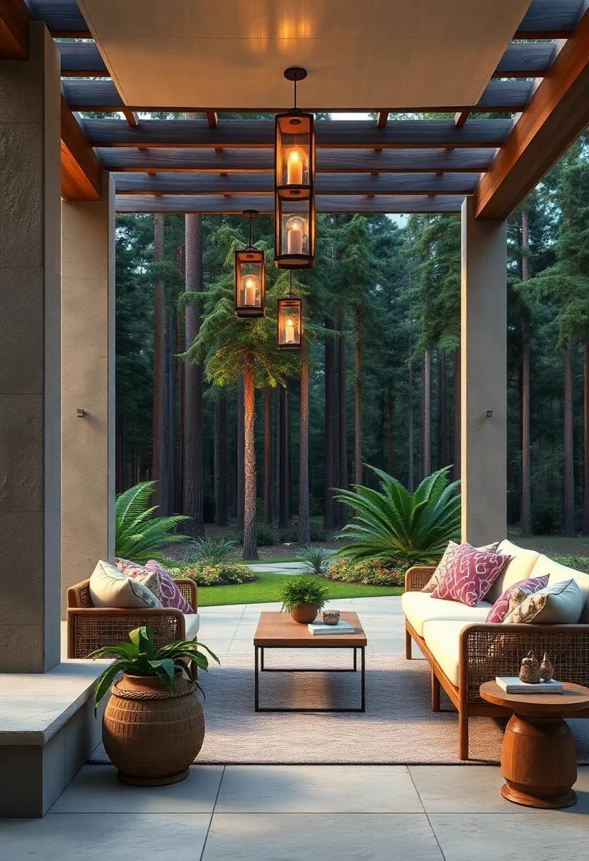 A Twilight Scene With Lanterns Hanging from a Pergola Amidst a Forest of Tall Pines and Ferns