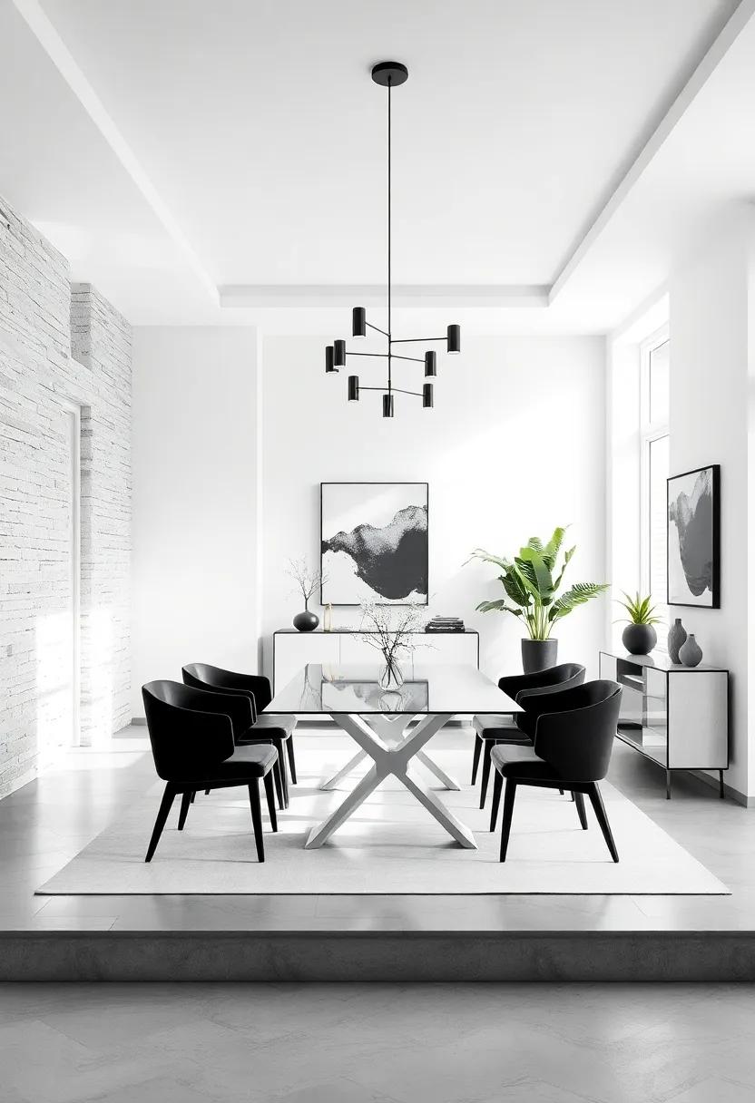 Timeless Black and White Dining Room with Sleek Modern Furniture and Contrasting Textures against Bright Natural Light