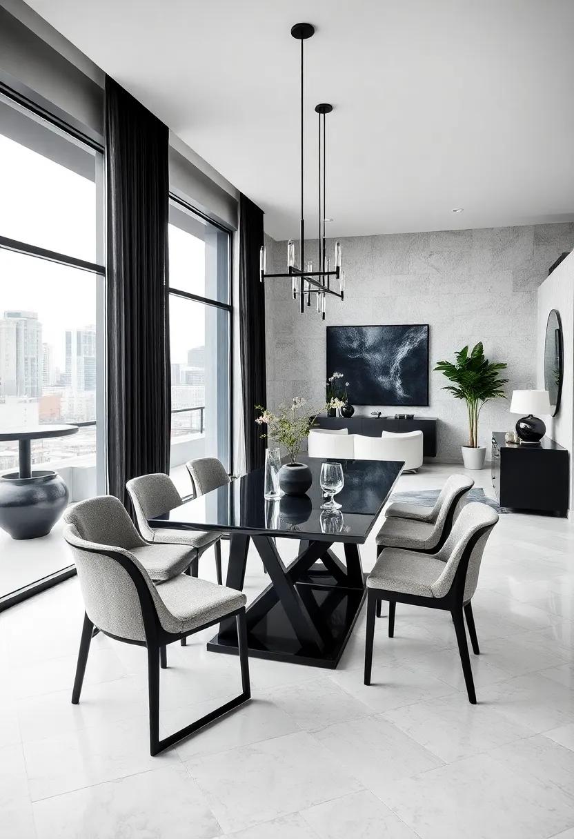 High Contrast Black and White Dining Room Surrounded by Floor-to-Ceiling Windows and Sleek Urban Views