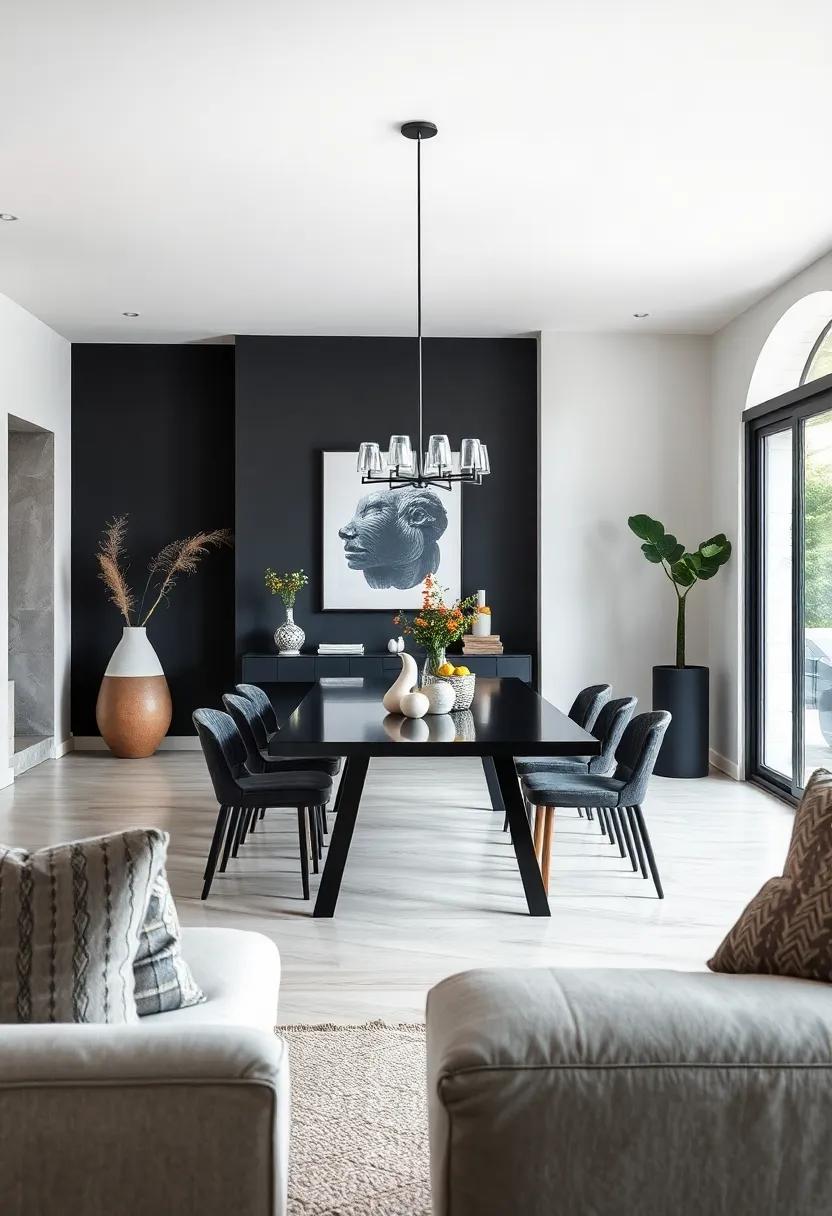 Scandinavian Inspired Black and White Dining Room Highlighting Natural Materials and Simple Functional Lines