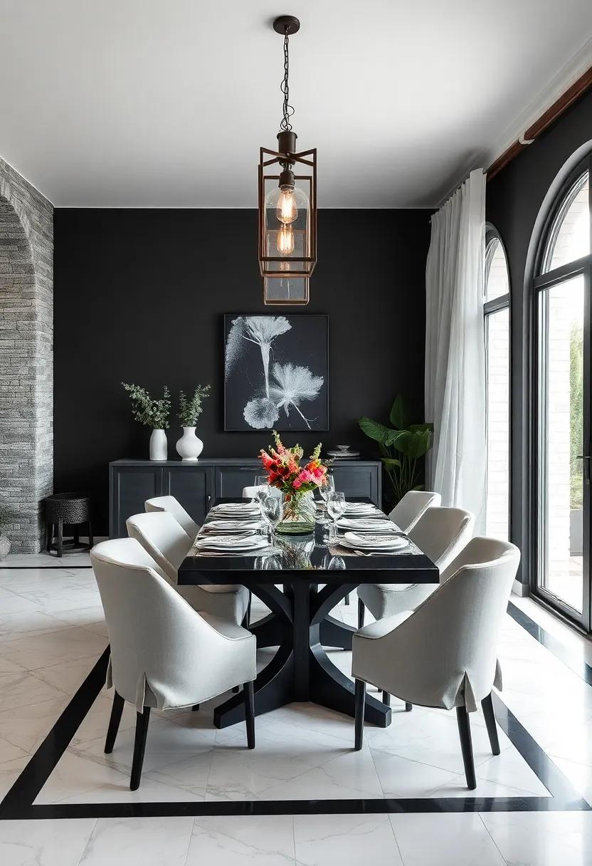 Charming Black and White Dining Space with Hand-Painted Tiles and Rustic Lantern Lighting Fixtures