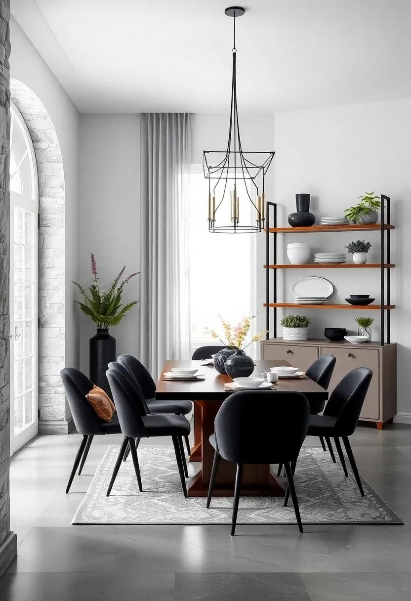 Inviting Black and White Breakfast Room with Open Shelving Displaying Contrasting Dinnerware and Fresh Botanicals