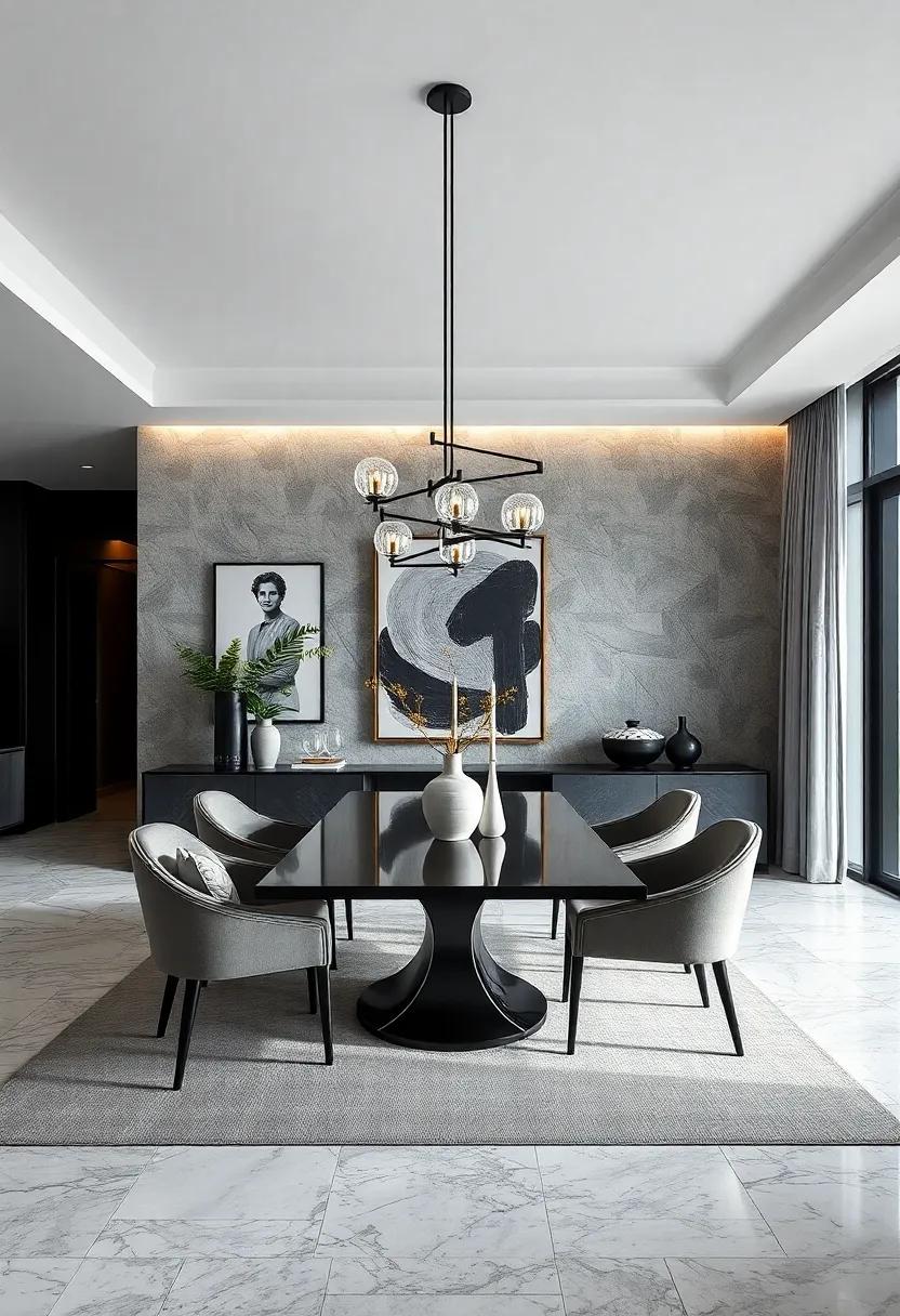 Sophisticated Dining Room Design in Black and White with Strategic Use of Artwork and Sculptural Lighting Elements