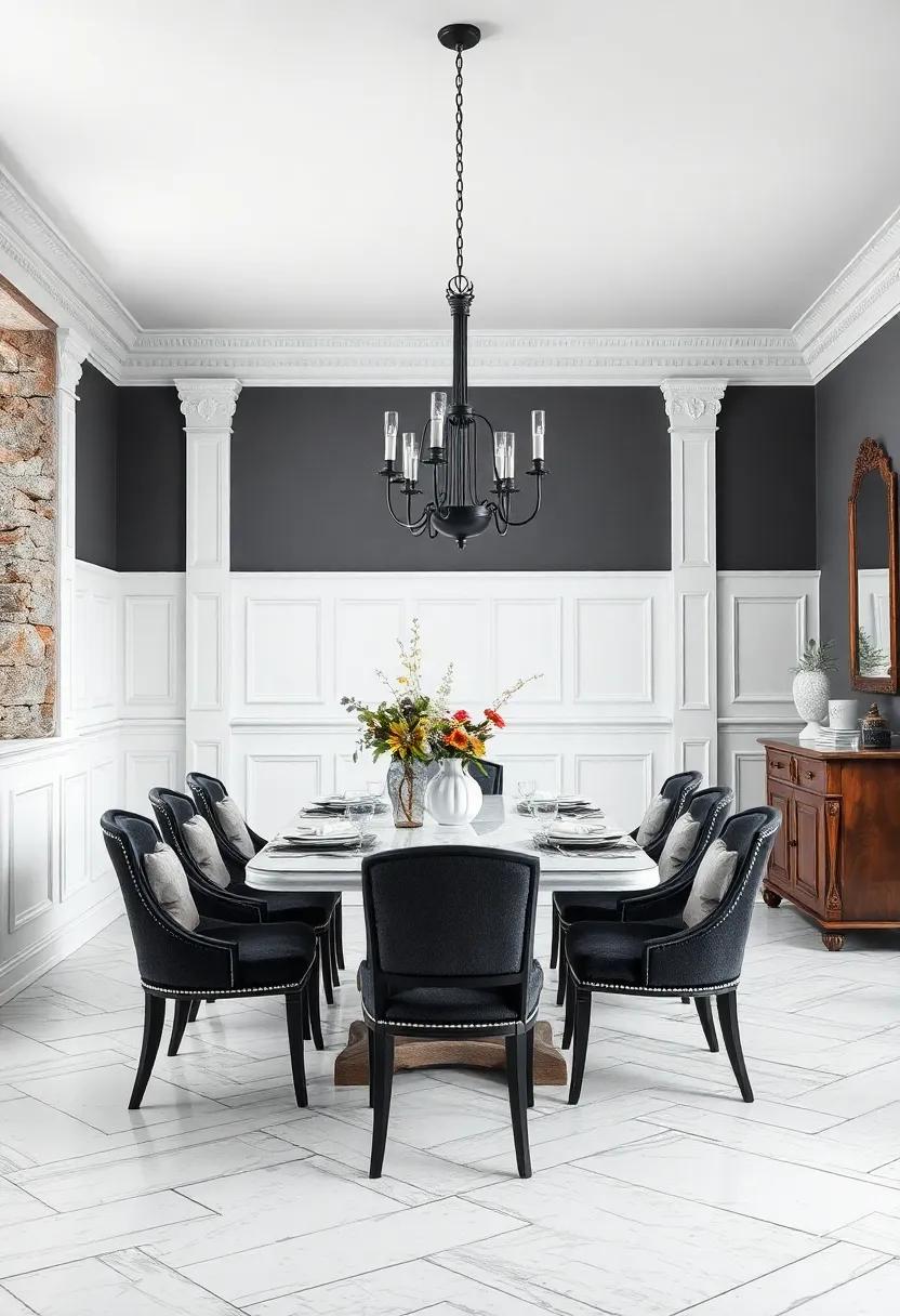 Traditional Black and White Dining Space Featuring Classic Wainscoting, Wood Carvings, and Antique Tableware
