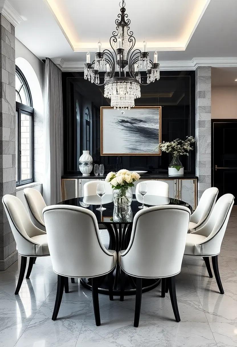 Bold Geometric Black and White Dining Room Design with Sharp Angles and Minimalist Art Pieces on the Walls